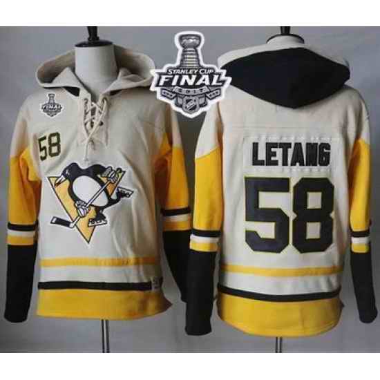 Men Pittsburgh Penguins 58 Kris Letang Cream Gold Sawyer Hooded Sweatshirt 2017 Stanley Cup Final Patch Stitched NHL Jersey